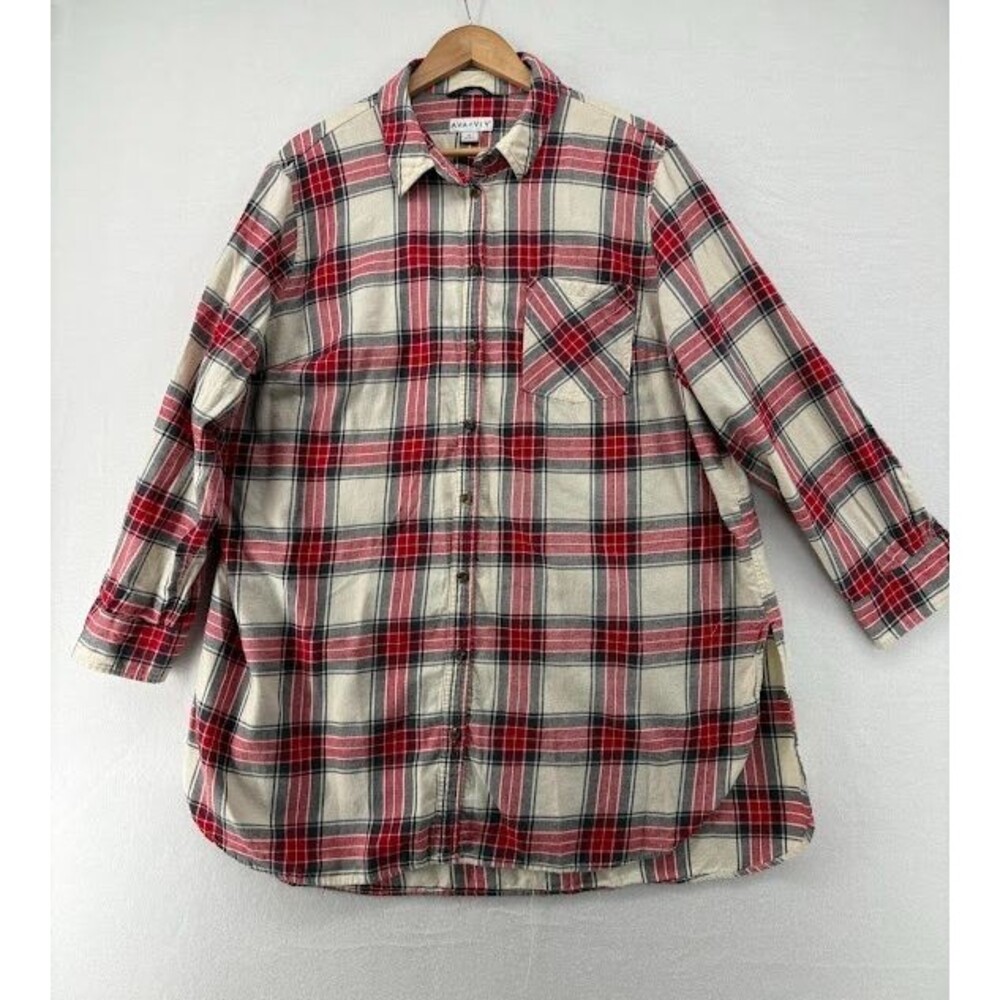 Women's Plus Size Ava & Viv Long Line Button‎ Down Shirt Size 2X Plaid Oversized